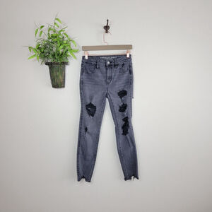 American Eagle Hi Rise Jegging Skinny Jeans Distressed Chewed Raw Black AE 4